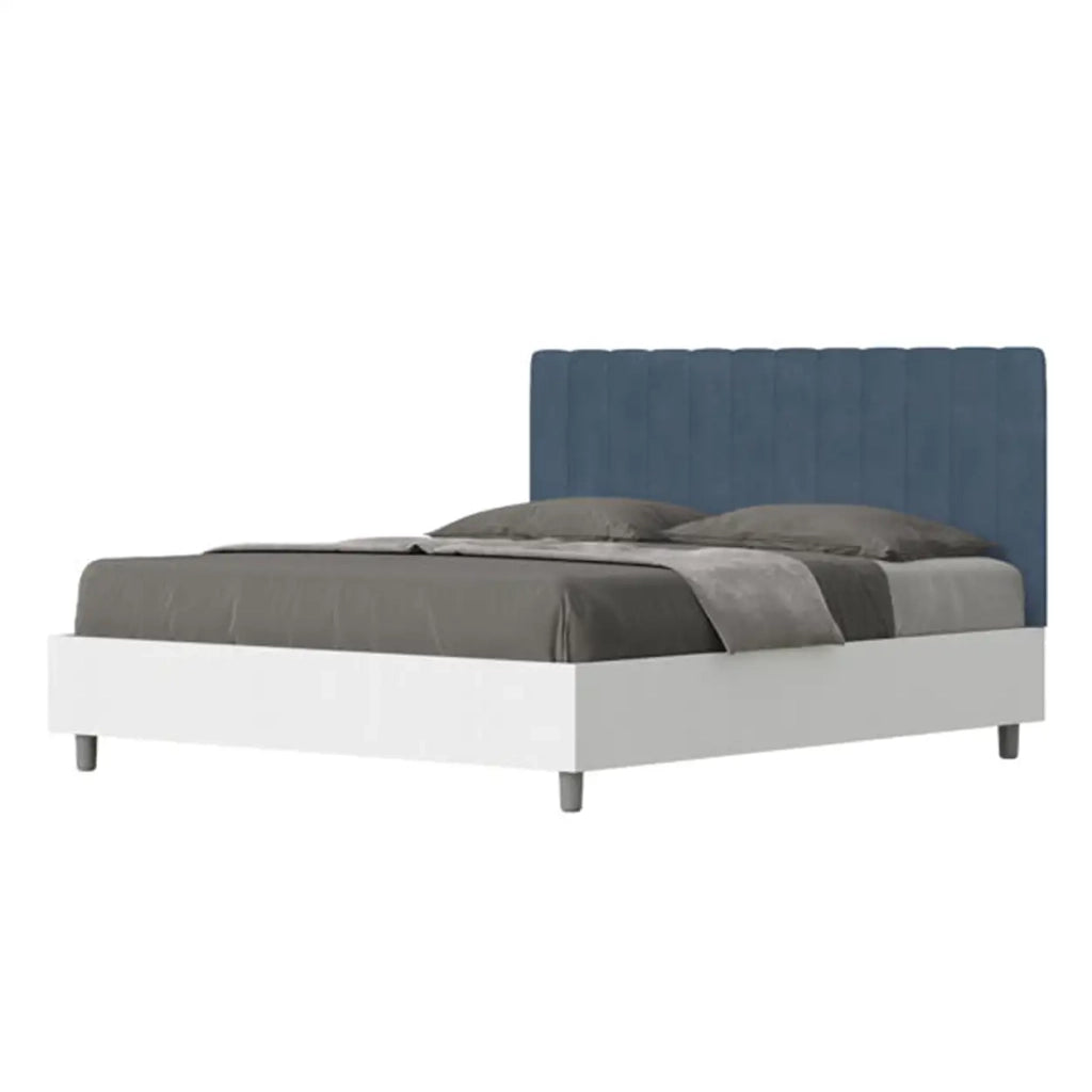 Letto matrimoniale contenitore 160x190 bianco frassino testata microfibra blu Kaia