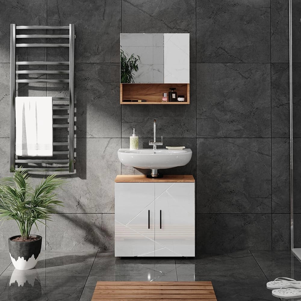 Set di mobili da bagno Irma, Bianco lucido/oro power oak, 80 cm, composto da specchio da bagno e mobile sottolavabo