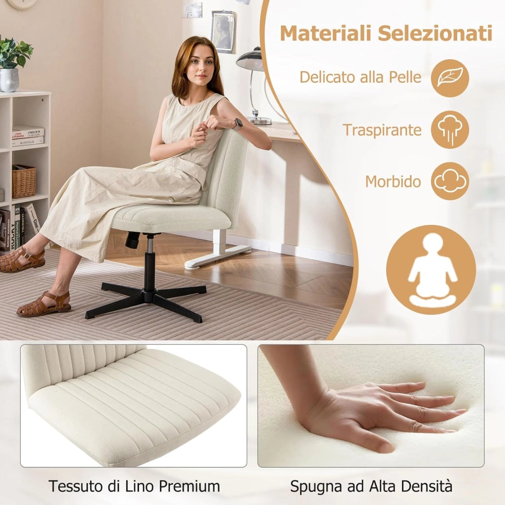 Sedia Ufficio Senza Ruote, Sedia da Scrivania con Sedile Imbottito, con Funzione a Dondolo 100°-120°, Girevole 360°, Altezza Regolabile, Sedia Ergonomica Portata 150 kg (Beige)