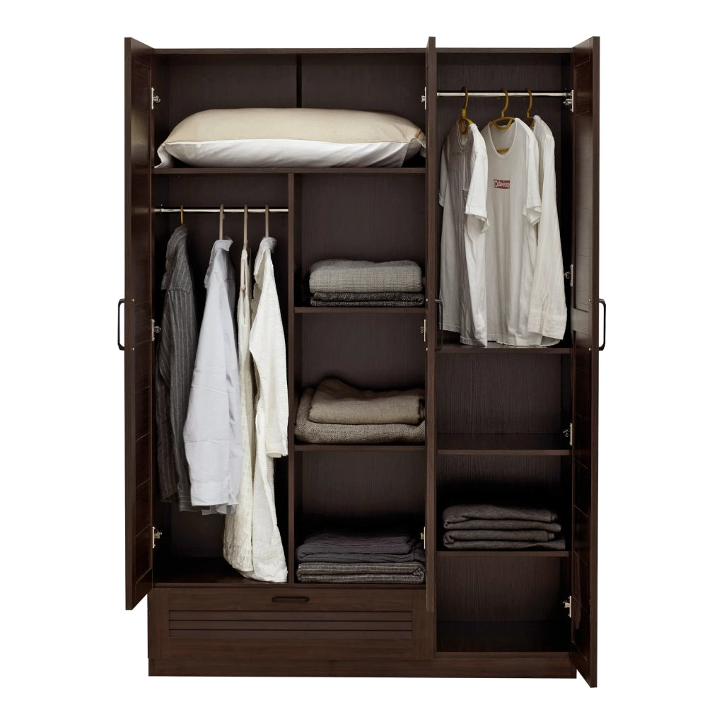 Armadio moderno per camera da letto mobile contenitore senza tempo 7 ripiani 1 cassetto MDF 176 x 120 x 52 cm effetto noce scuro 03_0006378