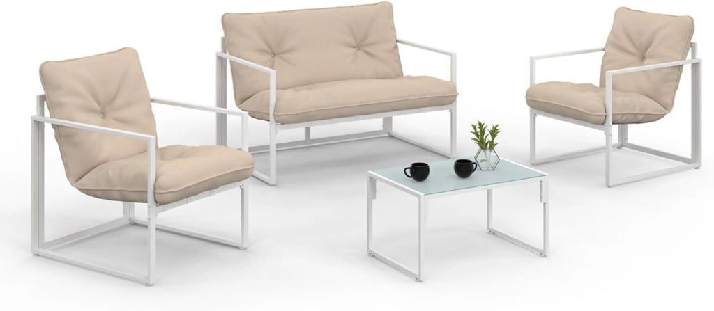 Nairobi Set di mobili da Giardino Bassi a 4 posti in Acciaio Bianco con Cuscini Beige