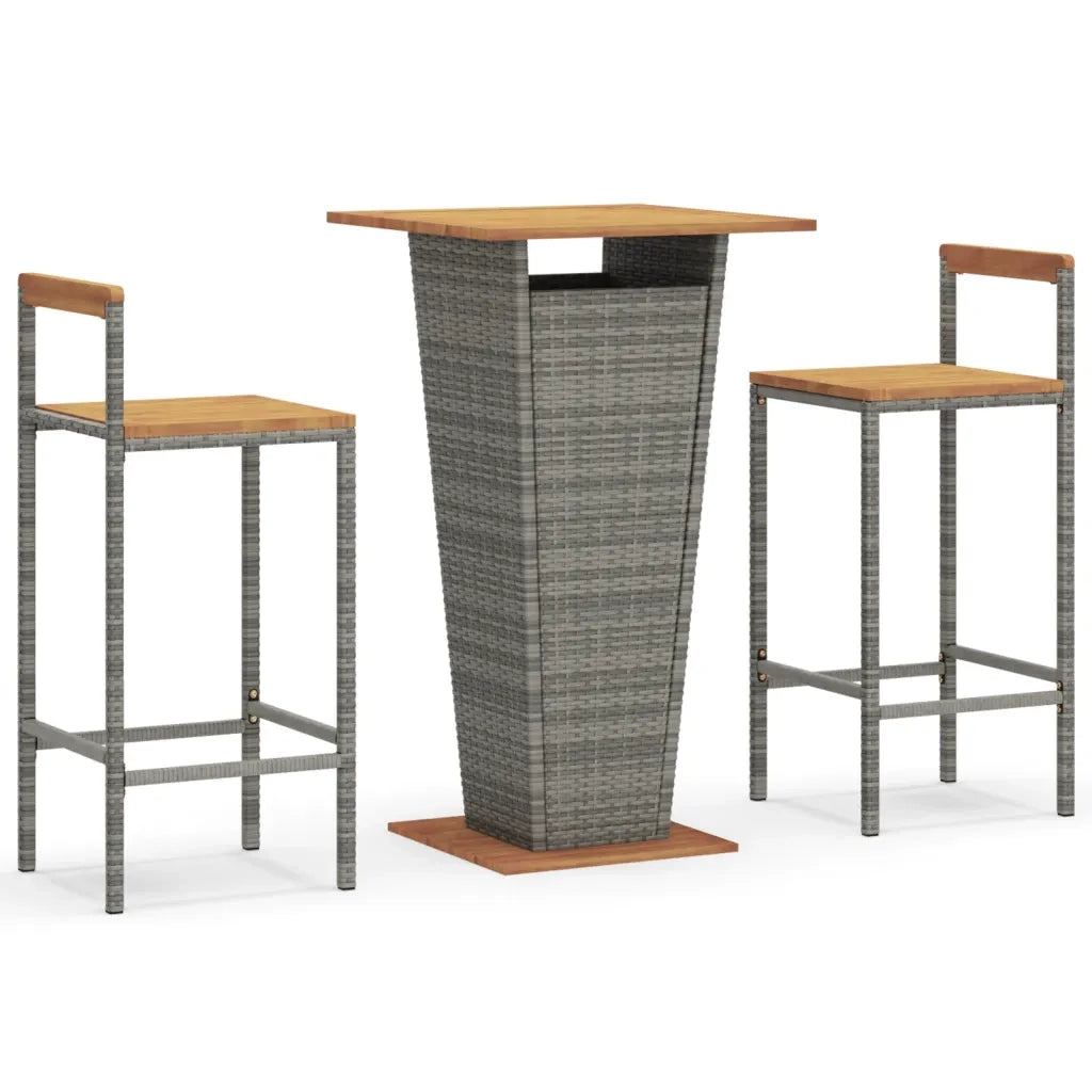 Set Bar Giardino 3pz Grigio Polyrattan e Legno Massello Acacia 3187726