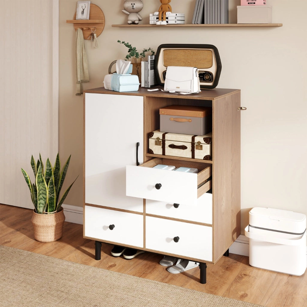 Mobile contenitore moderno met¨¤ secolo con 4 cassetti e scomparto aperto, Buffet sideboard in metallo robuste per soggiorno Bianco