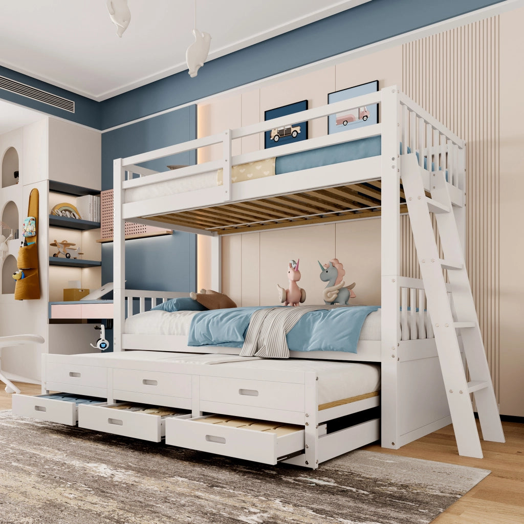 OKWISH Letto a Castello 90×200 cm, Letto 3 Posti con Letto Estraibile, 3 Cassetti e Scala, senza Materasso, in Pino, Bianco