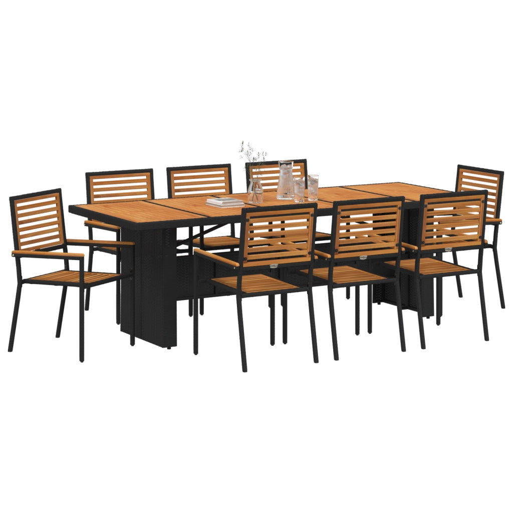 Set da Pranzo da Giardino 9 Pezzi Nero Polyrattan Acacia