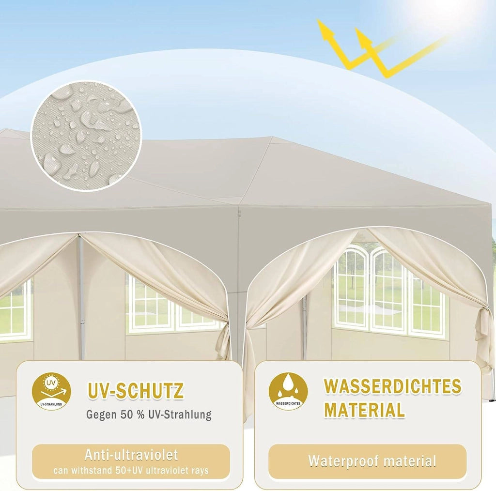 Gazebo da giardino pieghevole con 6 pareti laterali regolabili in altezza in ferro e tessuto oxford beige 3 × 6 m