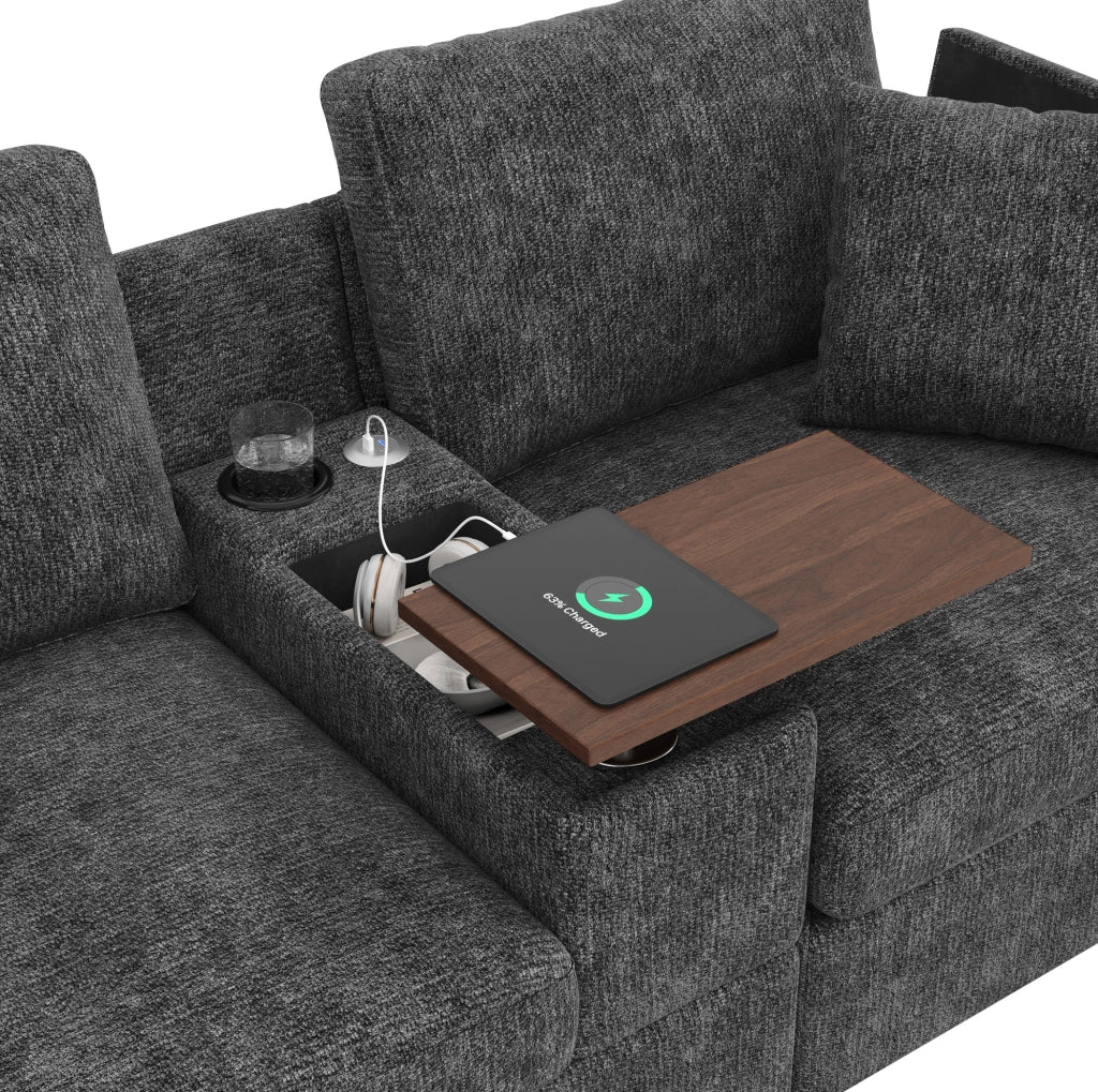 Sofa modulare 5-6 posti con pouf; USB/Type-C; portabicchieri e tavolino girevole 313x147x82 cm; grigio