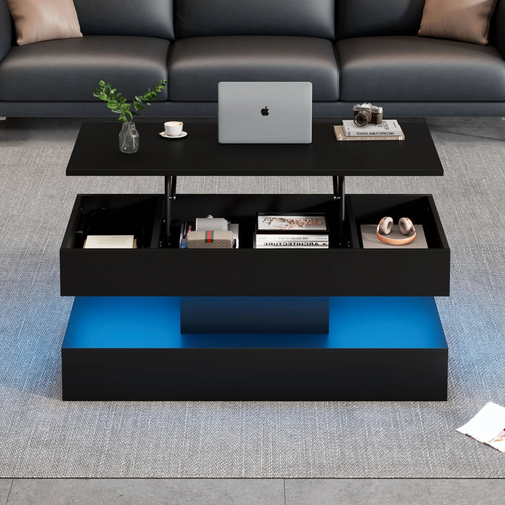 Tavolino da caffè con piano alzabile; vano contenitore e LED - per soggiorno - in pannello truciolare - 100×50×42 cm - nero