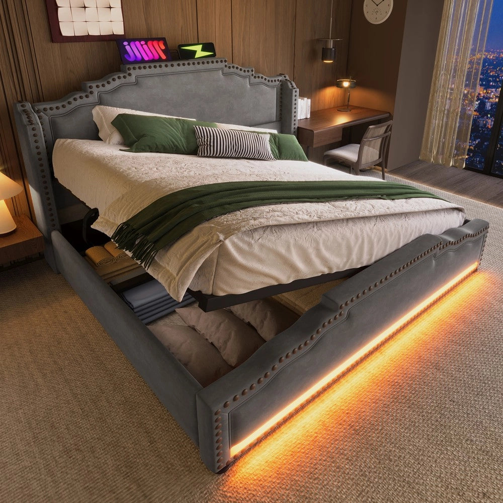 Letto Imbottito Contenitore 140x200 ¨C Xylo ¨C Velluto Grigio, LED, Idraulico, con Materasso