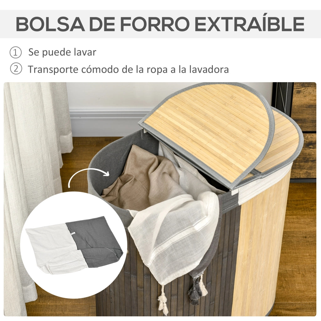 Cestino per Biancheria in Bamb¨´ con 2 Compartimenti ¨C Minimal ¨C Grigio 62.5x37x60.5 cm