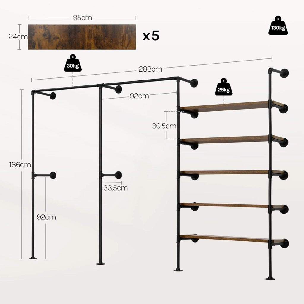 Appendiabiti da Parete, Attaccapanni da Muro Metallico con Design Aperto, Appendiabiti con 5 Ripiani in Legno, 2 Aste, Stile Vintage, Nero + Marrone Rustico