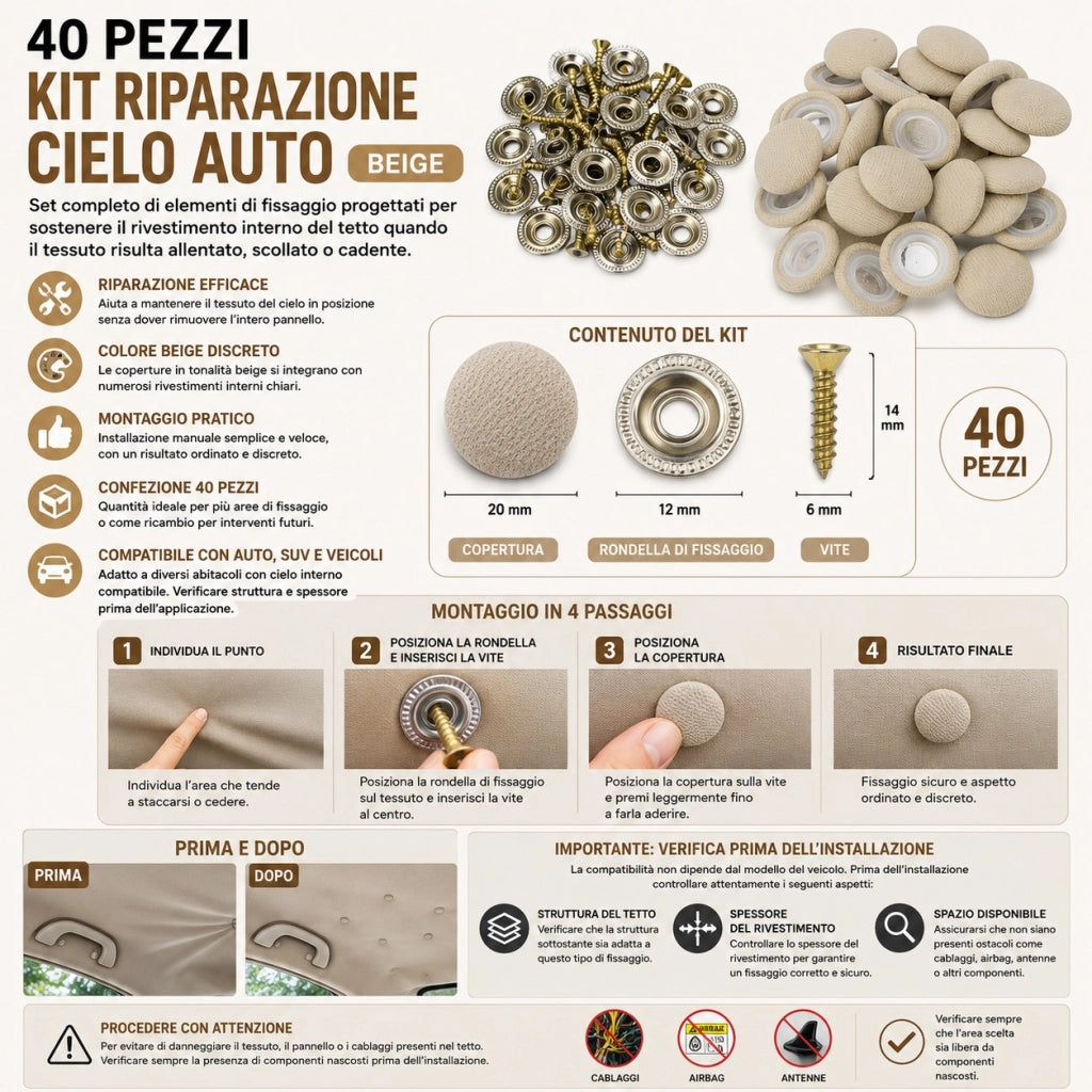 40 Viti Clip Riparazione Cielo Auto Beige Rivestimento Tetto 153321/15332