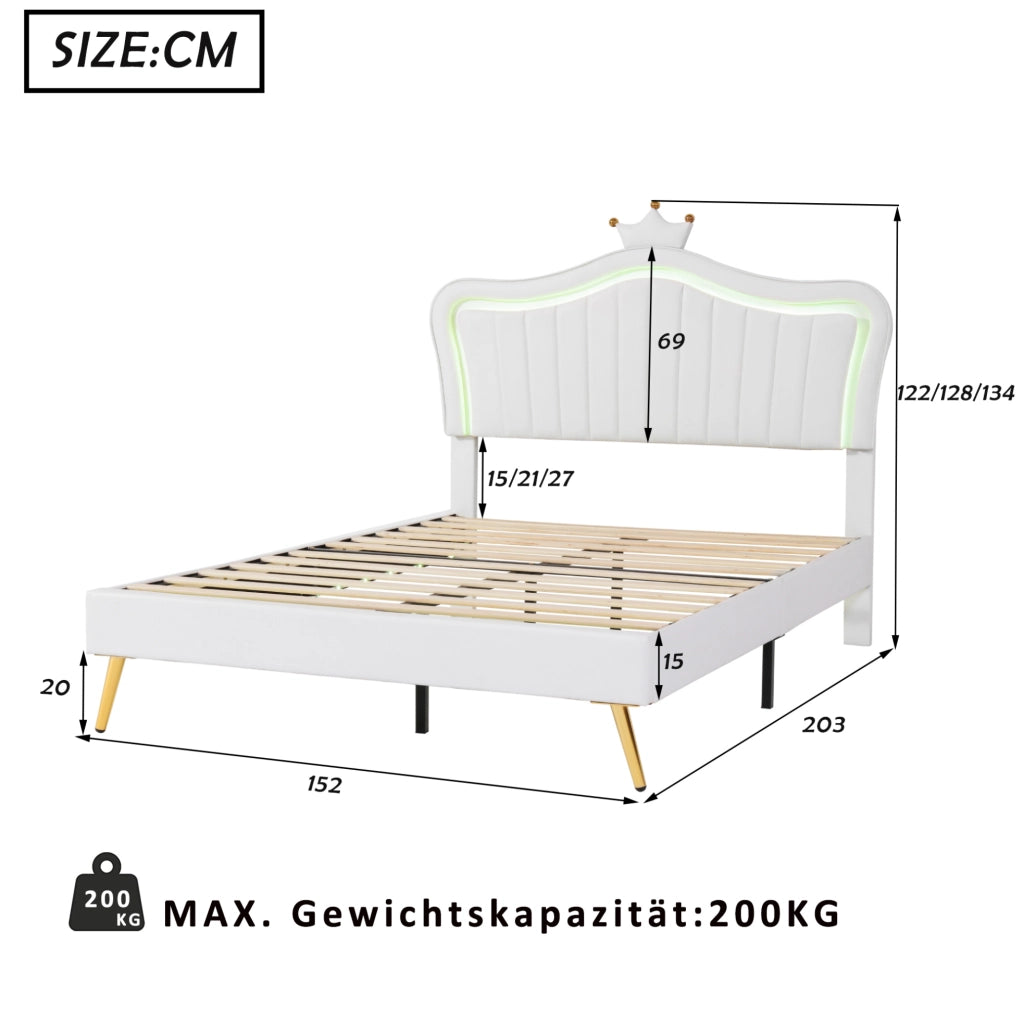 Letto per bambini 140x200 cm con luci LED; imbottito in PU; bianco (Senza materasso)