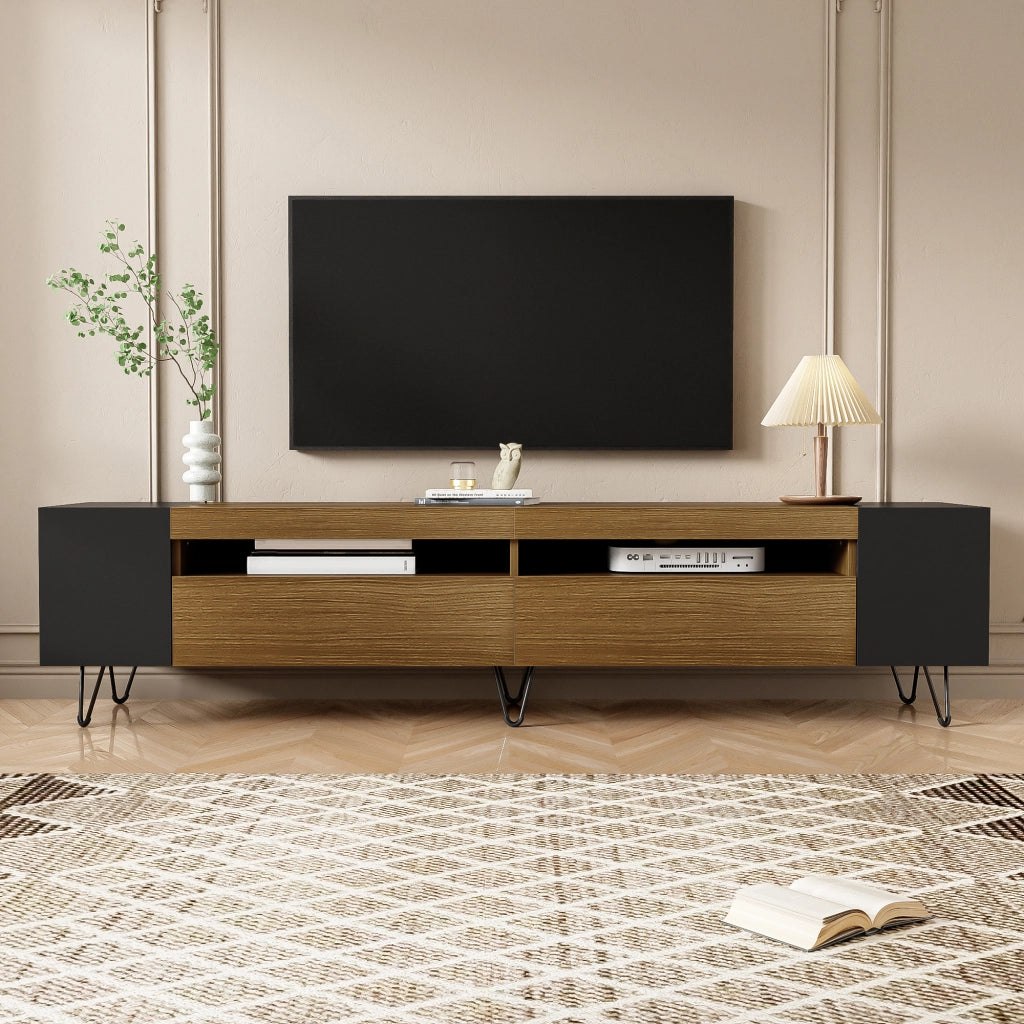 OKWISH Mobile TV con 2 Ante e 4 Vani Aperti, Passacavi, Stile Moderno, MDF, Nero ed Effetto Legno, 180 x 36 x 43 cm
