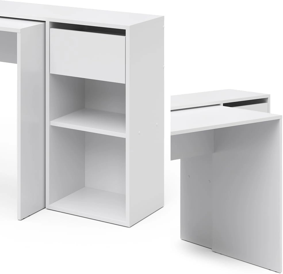 Scrivania Ben, Bianco, 145 x 46.4 cm, con piano di lavoro e ripiani aperti per l'organizzazione