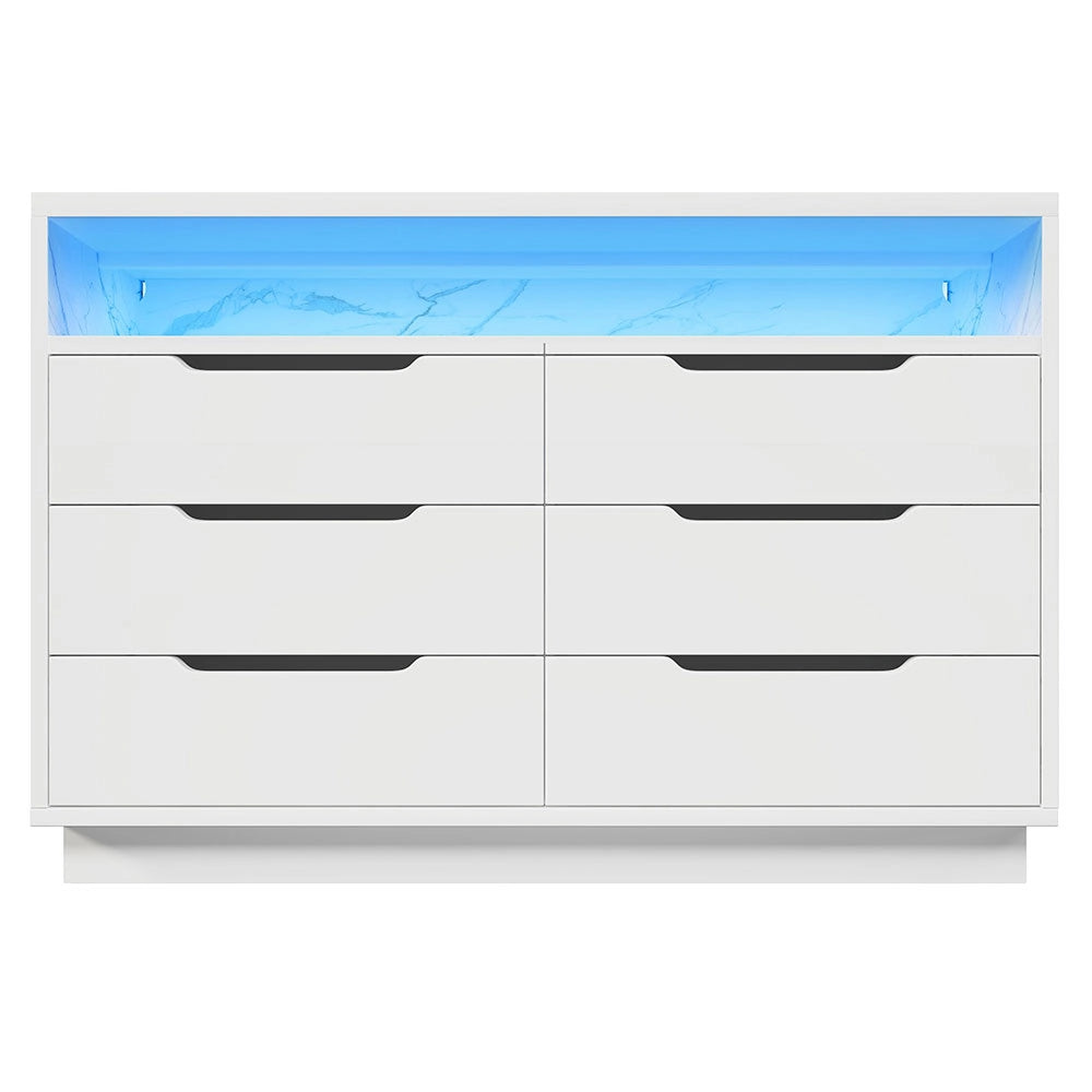 Buffet con LED - Xylo - 120??40??85 cm - 6 Cassetti Effetto Marmo Bianco