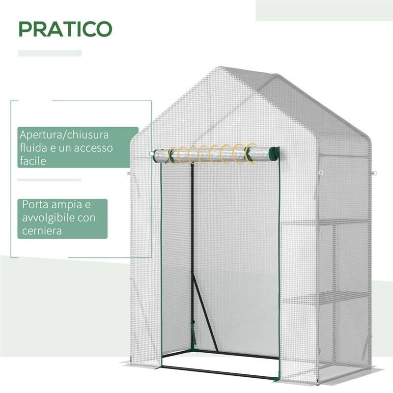 SERRA DA GIARDINO IN PE E ACCIAIO PER ESTERNI CON 2 SCAFFALI E PORTA AVVOLGIBILE, 143X73X195 CM, BIANCO