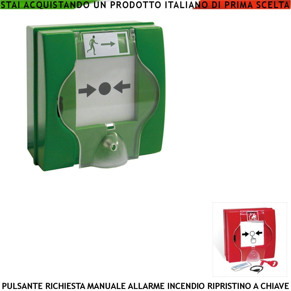 PULSANTE ROTTURA VETRO VERDE ATTIVAZIONE RICHIESTA INTERVENTO INCENDIO RIPRISTINO A CHIAVE SBLOCCA PORTE REI EN 54-11 CPD