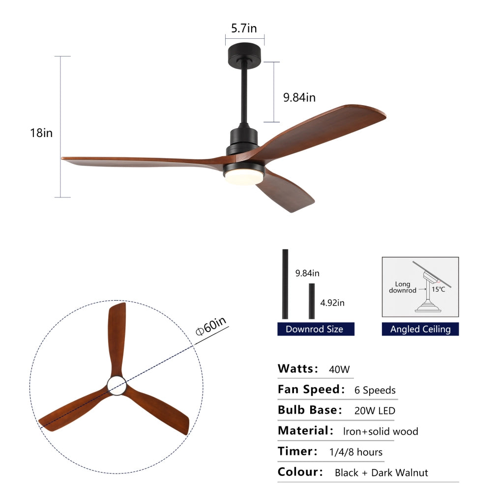 Ventilatore da soffitto 60 pollici in legno massello con luce LED; telecomando; nero noce