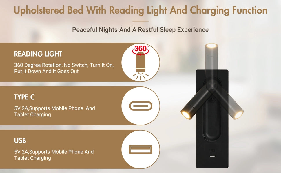 Letto imbottito matrimoniale - Zephmum - 160¡Á200 - Beige - Con luce da lettura, USB-C, contenitore