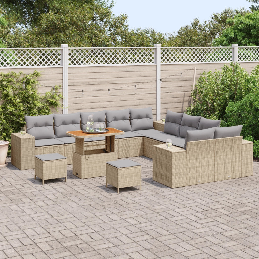 Set Divano da Giardino 13 Pezzi con Cuscini Beige in Polyrattan Acacia