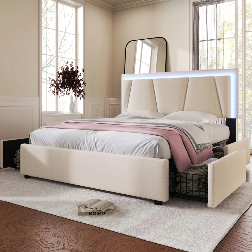 Letto contenitore 140x200 cm con LED; testiera regolabile e 4 cassetti; beige