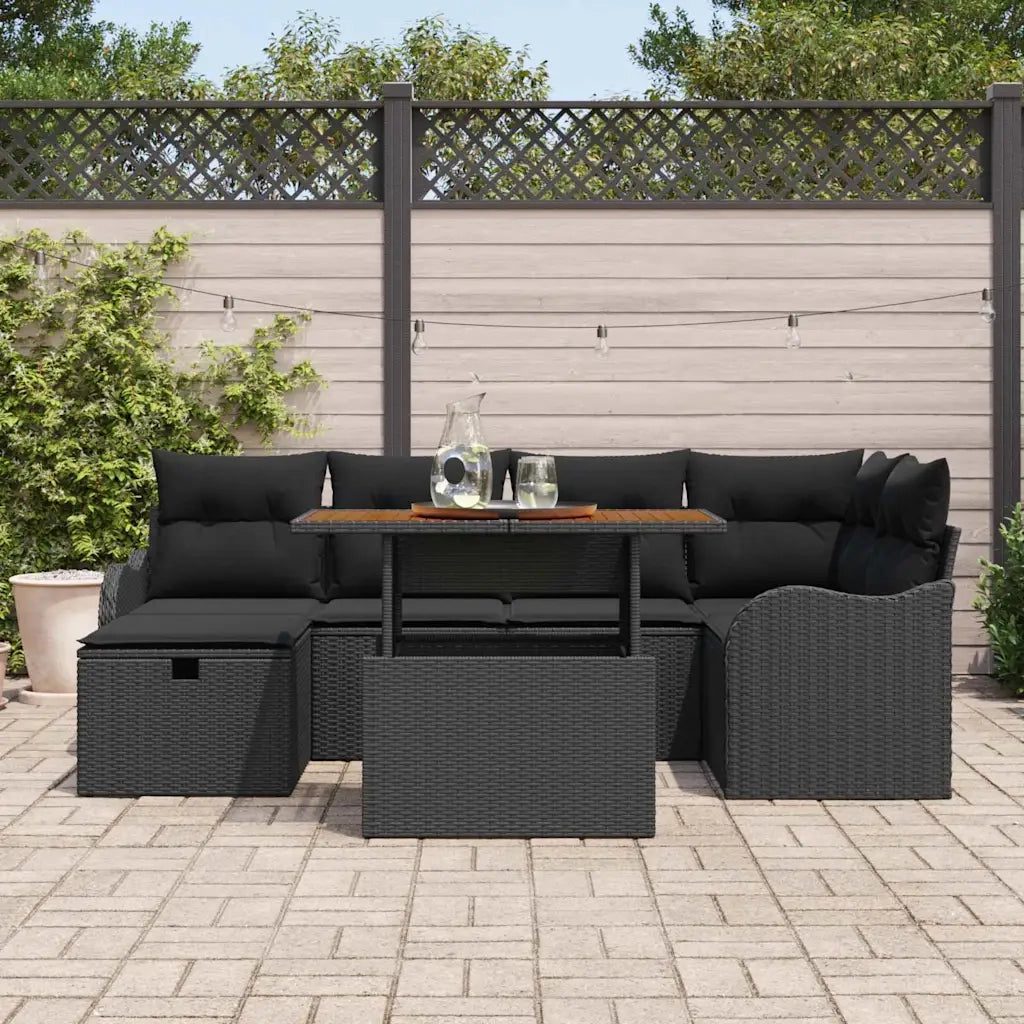Set Divano da Giardino con cuscino 7 pcs Nero polyrattan
