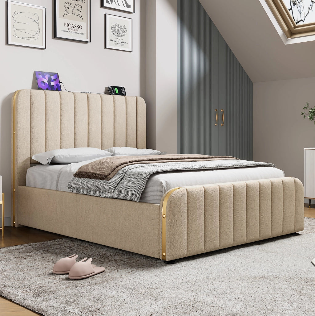 Letto contenitore 140x190 cm beige con USB e USB-C