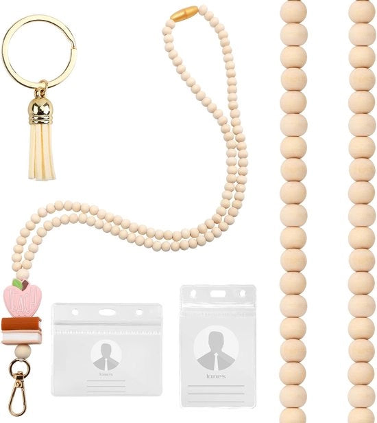 Lanyard con Porta ID - Nastro in Legno - Chiave a Soglia - 53 cm - Legno Gramigna - Materiale Premium - Cartellino di Identificazione