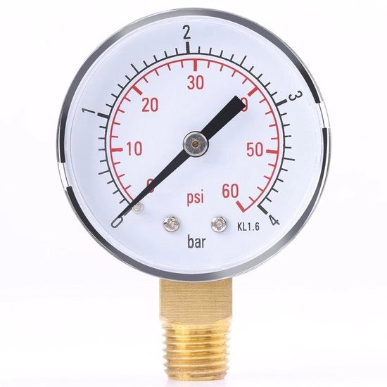 Manometro portatile 0-4 bar - 0-60 psi - Fusto in ottone 1/4" NPT - Idoneo per aria/ acqua/ olio - Marcatori numerici chiari