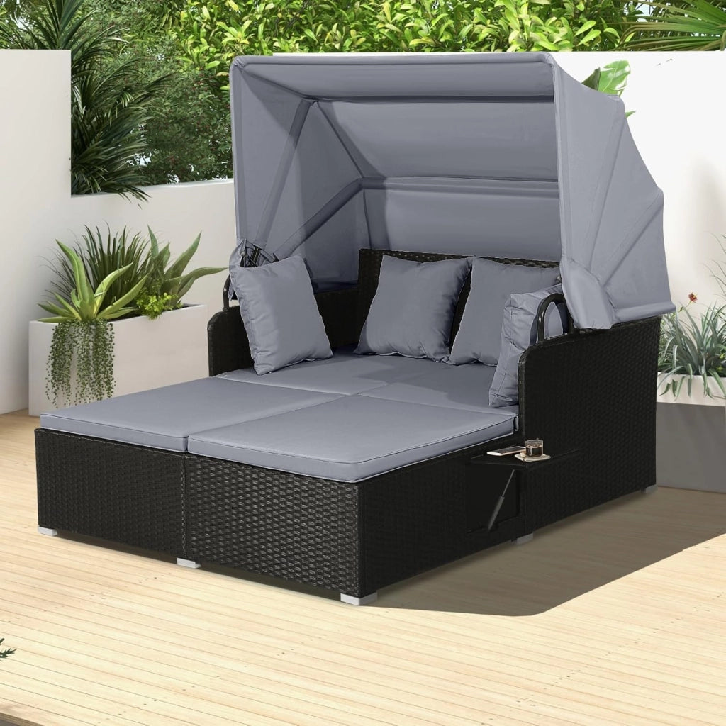 Lettino Prendisole per 2 Persone, Divano Letto Matrimoniale da Esterno in Rattan con Tettuccio Retrattile e Cuscini, Isola Prendisole per Giardino Cortile Balcone,165 x 153 x 138 cm (Grigio)
