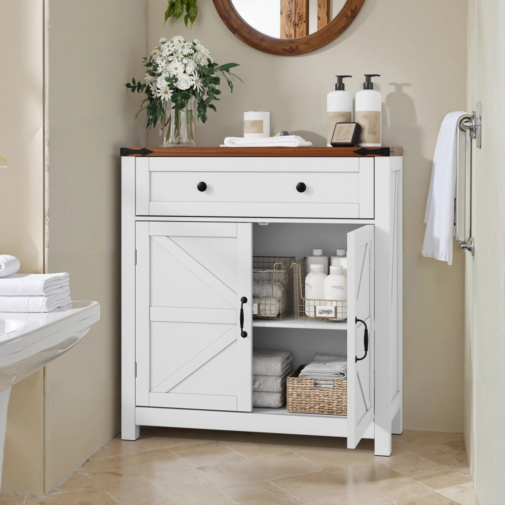 Credenza multifunzionale in stile country con cassetto, ante a fienile e ripiano regolabile, bianca