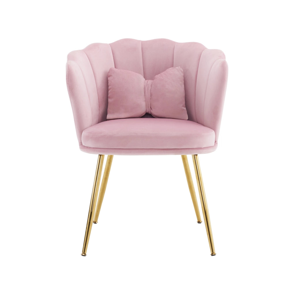 Poltrona da soggiorno in velluto rosa con schienale a petalo; cuscino e gambe in metallo 62x54x43 cm