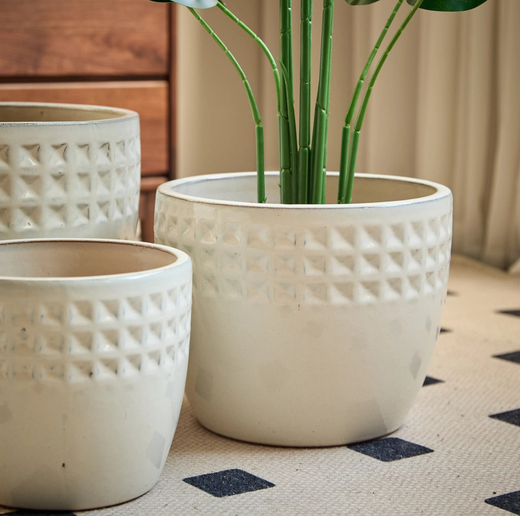 Set 3 vasi da giardino in ceramica Ancient White con drenaggio