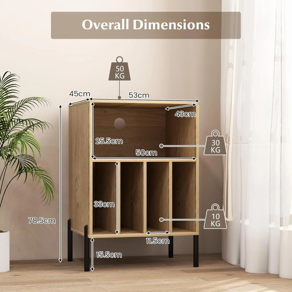 Supporto per Giradischi in Vinil con Stazione di Ricarica, Porta Dischi Vinile Vintege con 5 Scomparti Aperti, Espositore per Dischi Fino a 145 Album per Soggiorno, 53x45x78,5cm (Naturale)