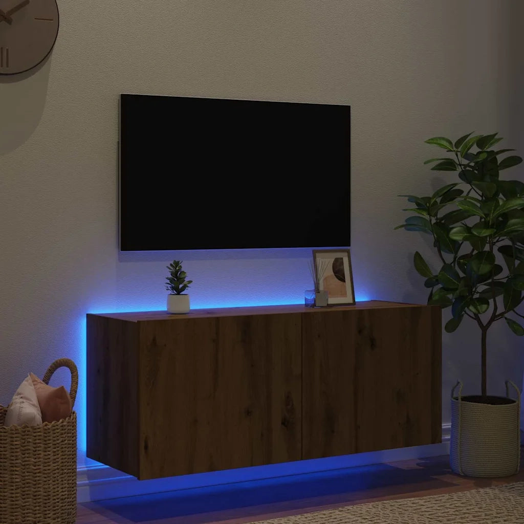 Mobile TV da parete con LED Rovere artigianale 100 x 35 x 41 cm