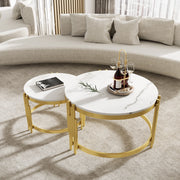 Set di tavolini da caff¨¨ modulari effetto marmo con struttura in metallo color ottone antico, 2 pezzi