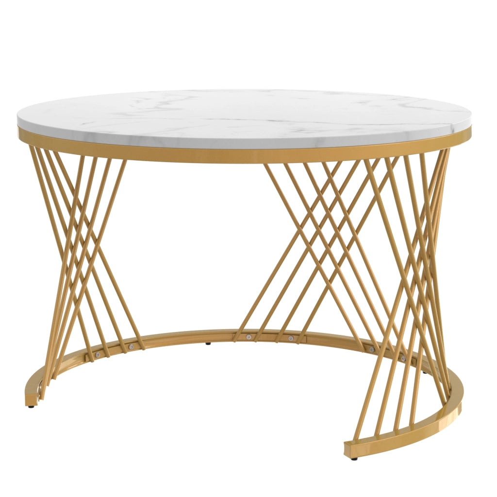 Set di tavolini da caff¨¨ rotondi 2 in 1 in MDF, colore bianco e oro, con cassetto e piano effetto marmo