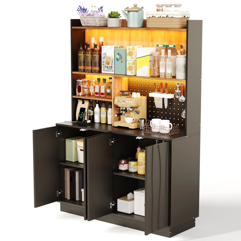 Mobile da cucina con LED RGB e prese USB; 120x43x160 cm in MDF nero e naturale