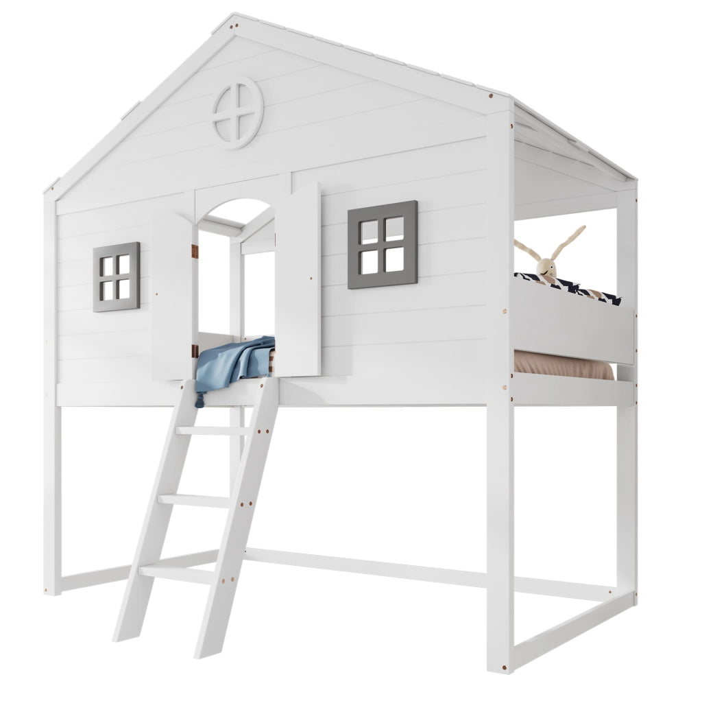 Letto a soppalco per bambini 90x200 cm con scala; protezione anticaduta e finestre grigie; bianco