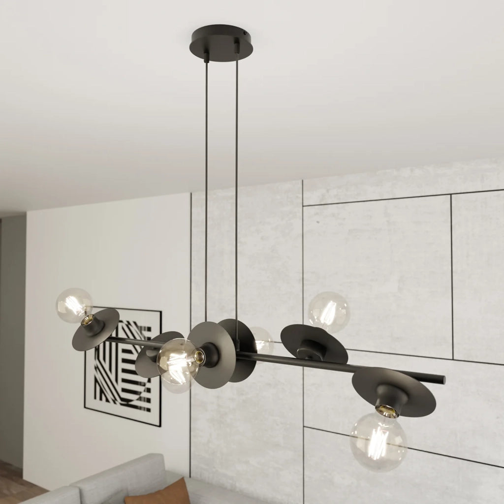 Lampadario 6 Luci Eos In Acciaio Nero Con Barra E Diffusori A Piatti