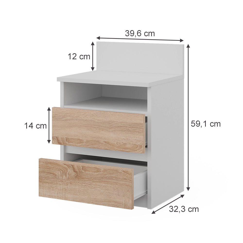 Vicco Comodino Bianco/Sonoma 32.3 x 59.1 cm con 2 cassetti