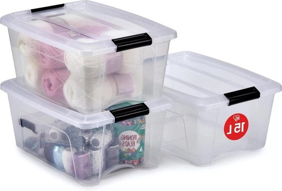 Set di contenitori di plastica 15L da 3 pezzi NTB-15 Translucido 39,5 x 29 x 185 cm - contenitore di archiviazione per ufficio - set di contenitori di archiviazione per ufficio - set di contenitori di plastica liscia