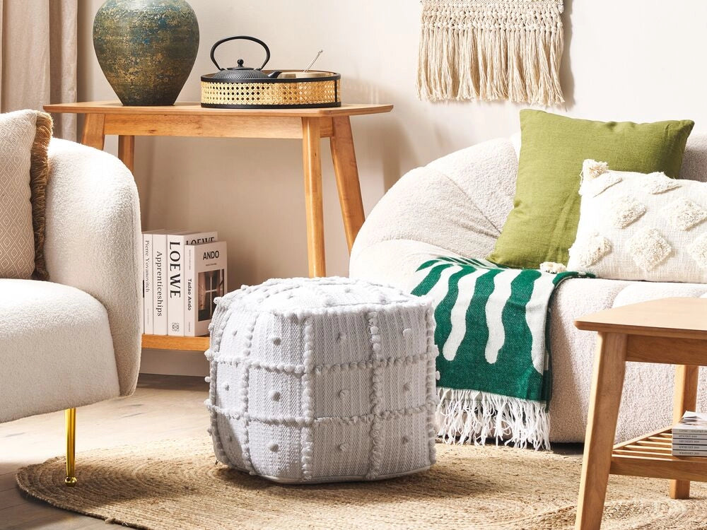 Pouf in cotone bianco 40 x 40 cm pouf motivo geometrico imbottitura in EPS chiusura con zip boho moderno
