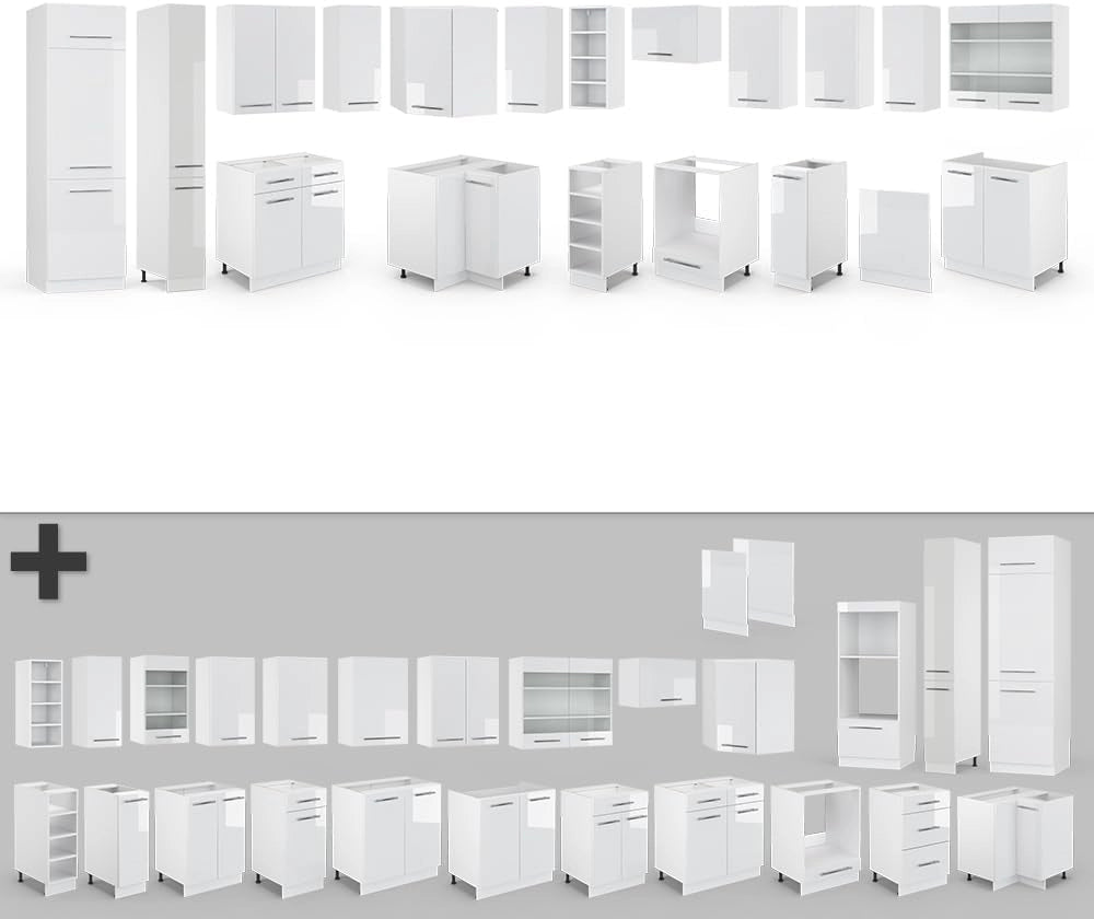 Cucina angolare completa Fame-Line, Bianco lucido/bianco, 347 x 60 cm, PL Antracite, adatto per una progettazione flessibile della cucina ed espansione modulare
