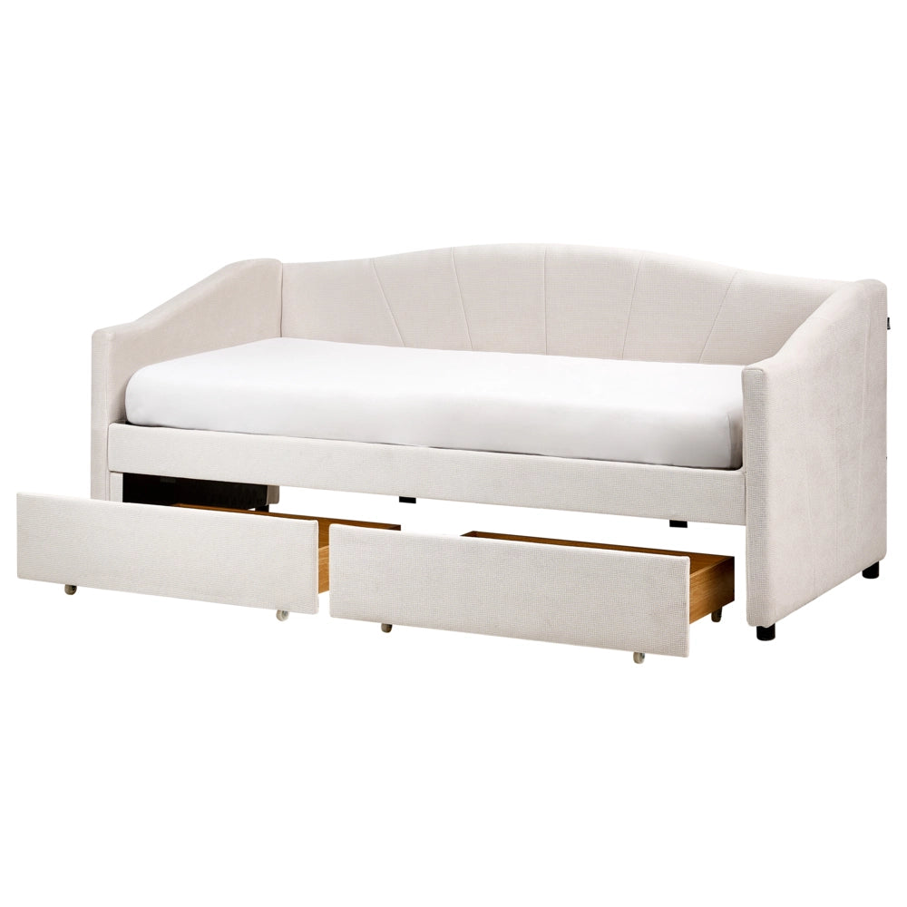 Letto da giorno Dimensioni singole Imbottitura in poliestere Struttura a doghe Cassetti in legno compensato di eucalipto beige chiaro Camera da letto moderna