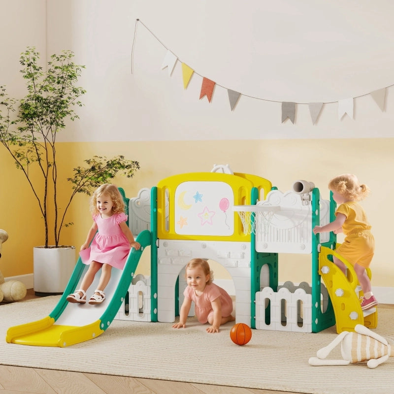 Set da arrampicata 7 in 1 per bambini con scivolo, canestro, tunnel, telescopio, parete, box e lavagna