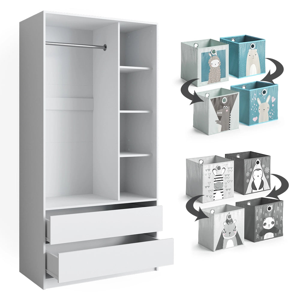 Vicco Guardaroba per bambini Bianco 100 x 200 cm con 2 cassetti e cassette pieghevoli