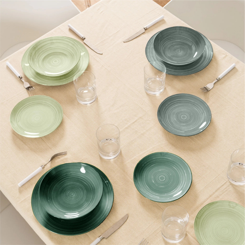 Set 18 Piatti in Porcellana Colorati Servizio Tavola Moderno 6 Persone Piatti Piani Ø27 cm, Fondi Ø20 cm e Dessert Ø19 cm Lavastoviglie e Microonde Certificati per Contatto Alimentare Terra