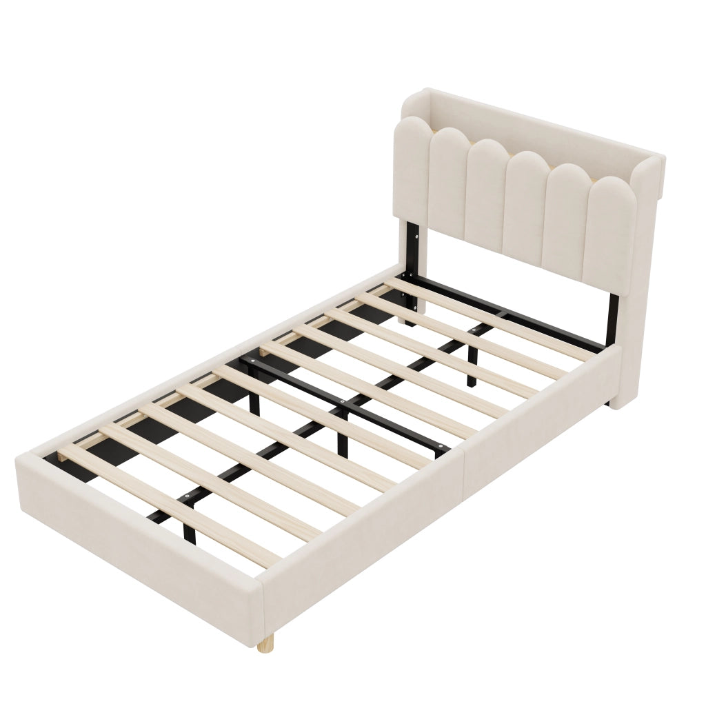 Letto singolo imbottito 90x200 cm in velluto beige, testiera contenitore, USB/Type-C e lampada da lettura
